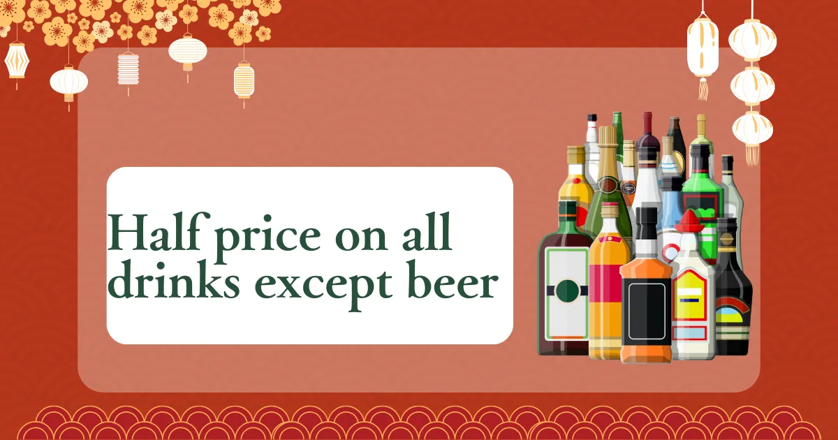Announcement image for the half-price campaign for all drinks except beer